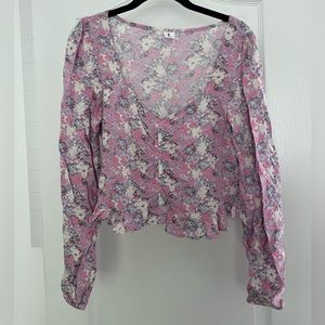 Abound Cinched Floral Blouse Pink Cream Blue Long Sleeve Crop Top SZ S